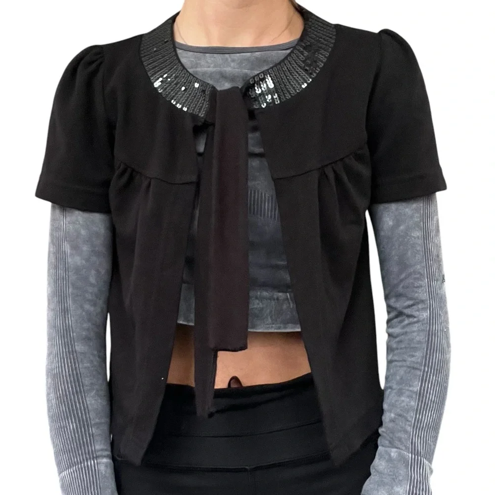 H&M Women’s Small Black Sequins Trim Short Puff Sleeve Tie Top Crop Y2K Cardigan